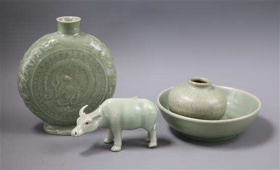 A 19th century Celadon vase, buffalo dish, squat vase and a bowl (4) Tallest 16.5cm